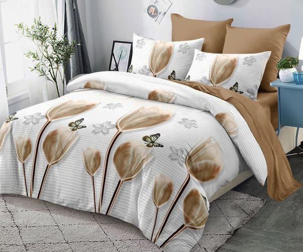 Спално бельо с ластик от 100% памук – бяло и кафяво с цветя и пеперуди