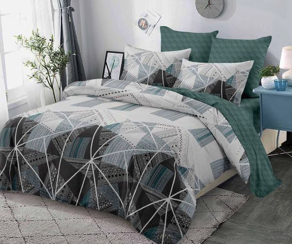 Спално бельо с ластик от 100% памук – бяло, сиво и зелено с геометрична шарка