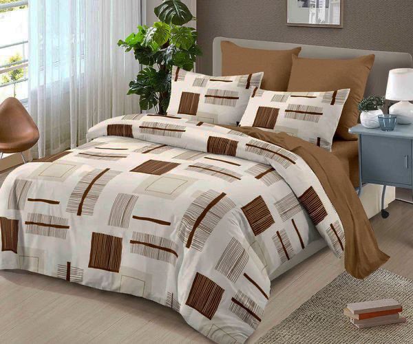 Спално бельо с ластик от 100% памук – бяло и кафяво с квадрати и ивици