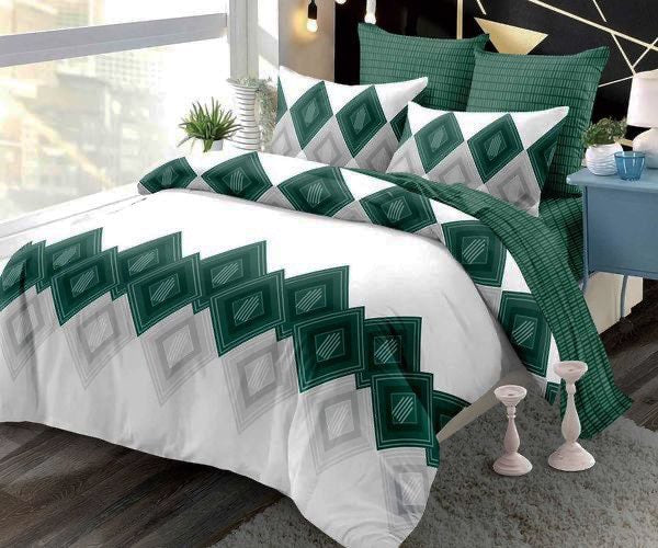 Спално бельо с ластик от 100% памук – бяло и зелено с ромбоиди