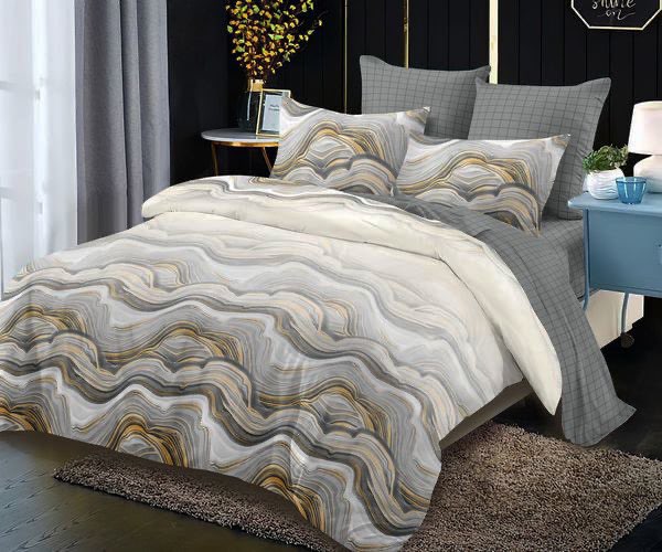 Спално бельо с ластик от 100% памук – бяло и сиво с вълнообразни линии