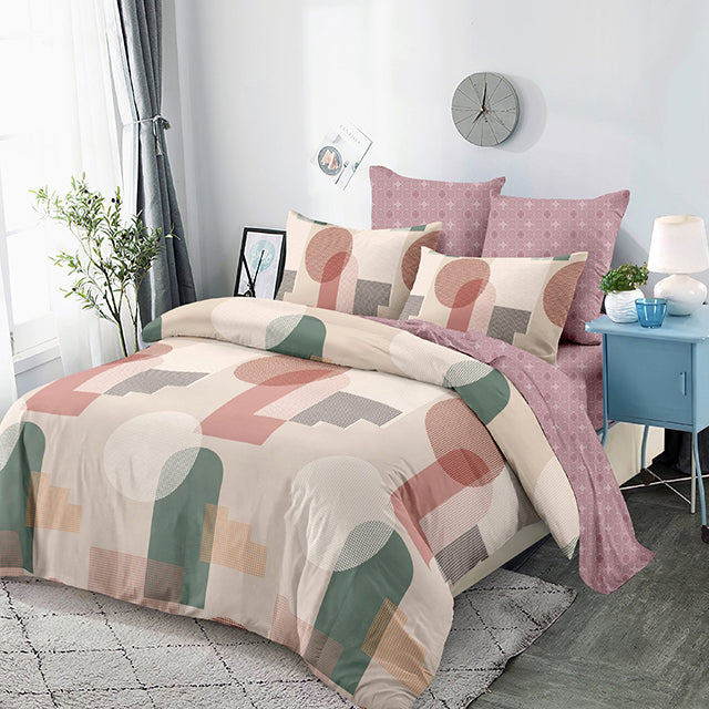Спално бельо с ластик от 100% памук – бежово с геометричен мотив