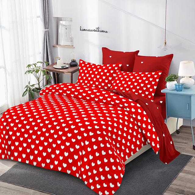 Спално бельо с ластик от 100% памук – червено със сърца