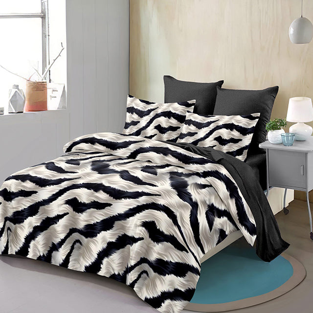 Спално бельо с ластик от 100% памук – бежово и черно с животински мотив 