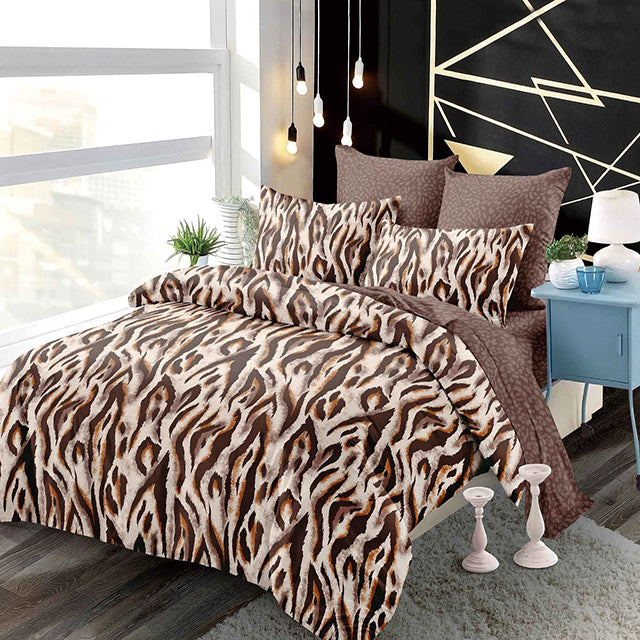 Спално бельо с ластик от 100% памук – бежово и кафяво с животински мотив