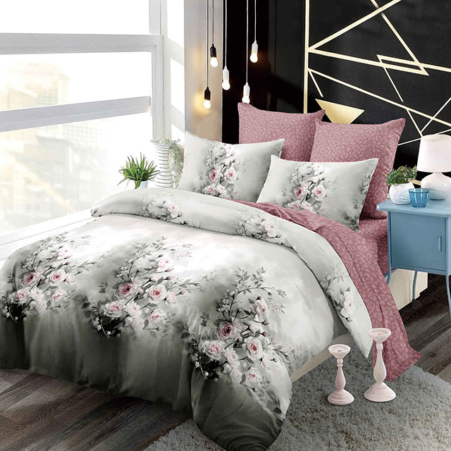 Спално бельо с ластик от 100% памук – сиво и розово с рози