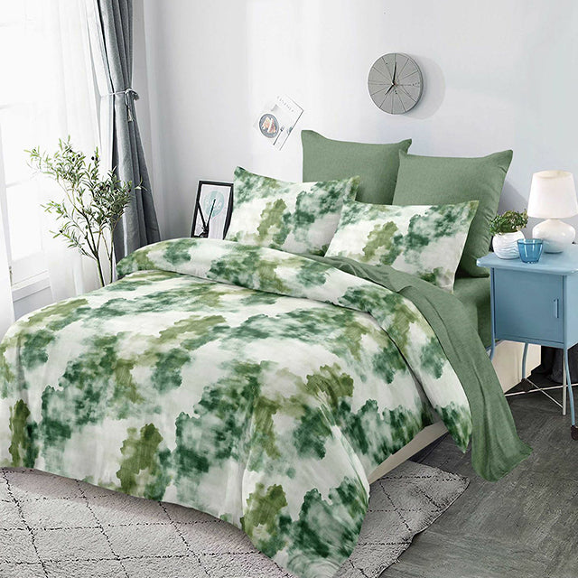 Спално бельо с ластик от 100% памук – бяло и зелено с интересен мотив 