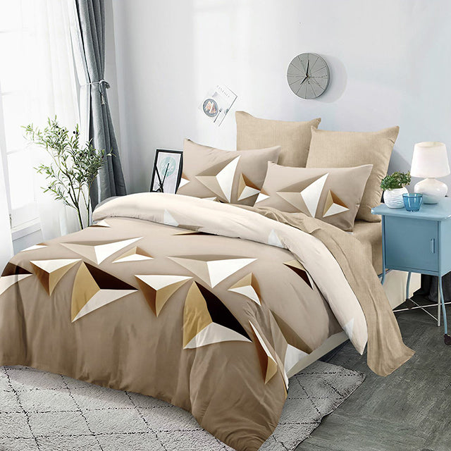 Спално бельо с ластик от 100% памук – бежово с геометричен мотив 