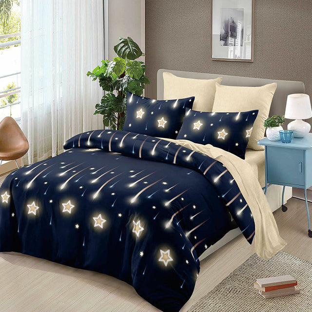 Спално бельо с ластик от 100% памук – тъмносиньо и цвят крем със звезди 