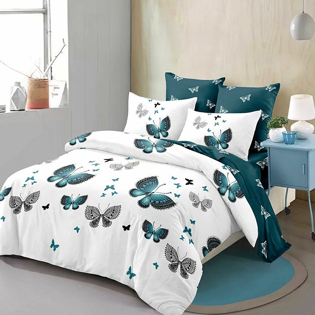 Спално бельо с ластик от 100% памук – бяло и цвят тюркоаз с пеперуди 