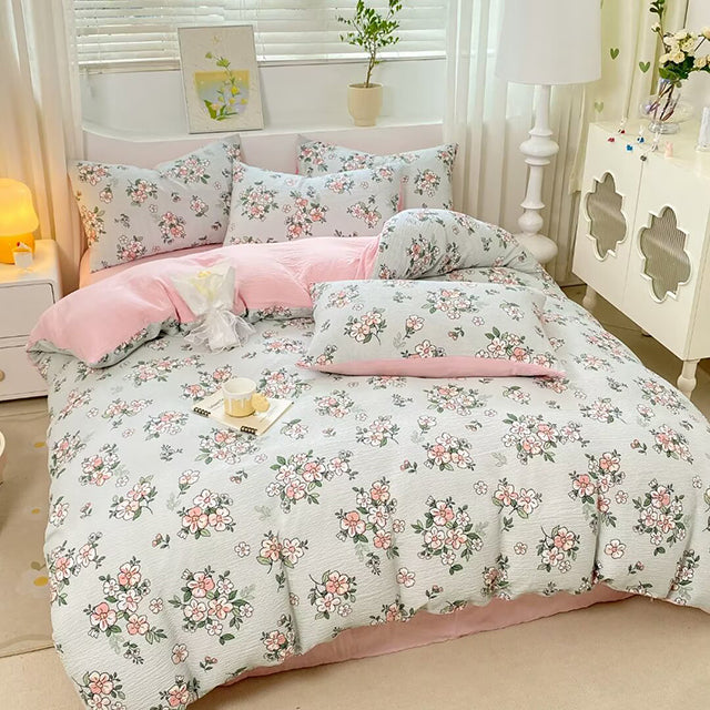 Спално бельо за приста с ластик - зелено и розово с цветя