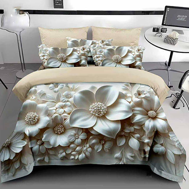 5D Спално бельо с ластик - цвят крем с красиви цветя