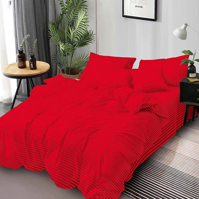 Едноцветно спално бельо от 6 части - червено с райе