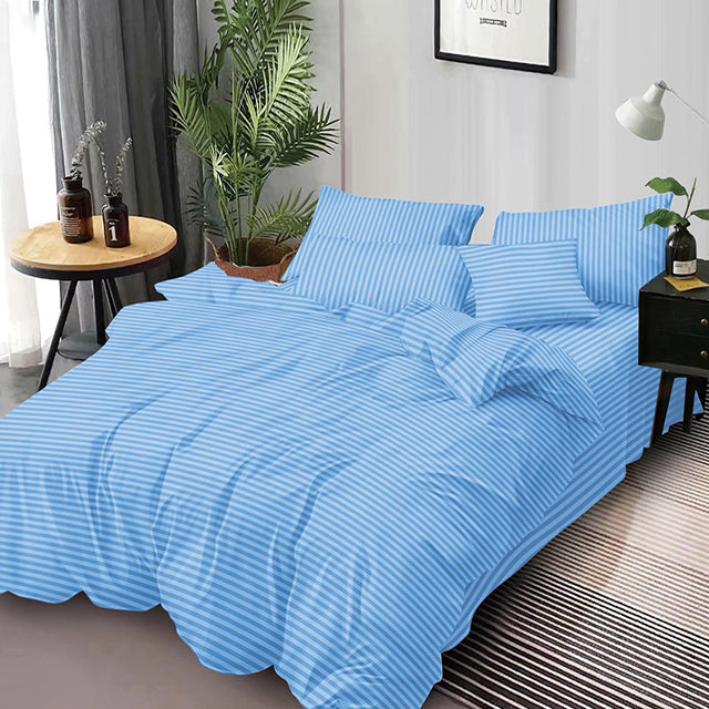 Едноцветно спално бельо от 6 части - светлосиньо с райе