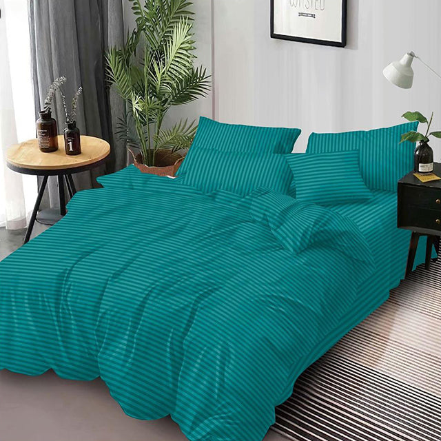 Едноцветно спално бельо от 6 части - цвят тюркоаз с райе