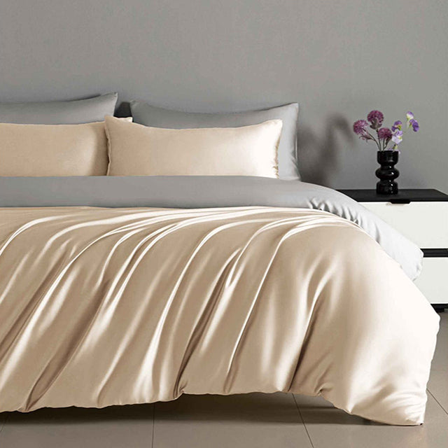 Луксозно спално бельо с ластик от памучен сатен - пясъчен цвят