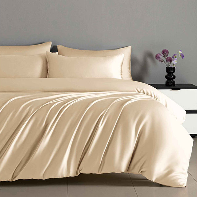 Луксозно спално бельо с ластик от памучен сатен - цвят крем