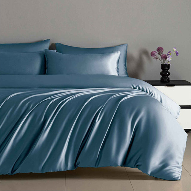 Луксозно спално бельо с ластик от памучен сатен - тъмносиньо