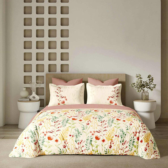 Спално бельо с ластик от премиум ранфорс памук - цвят крем и розово с цветя