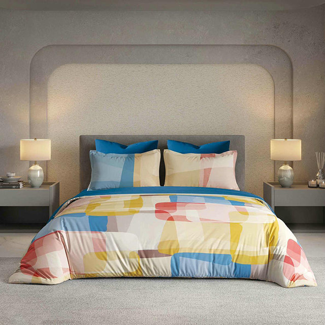 Спално бельо с ластик от премиум ранфорс памук - синьо с цветни фигурки