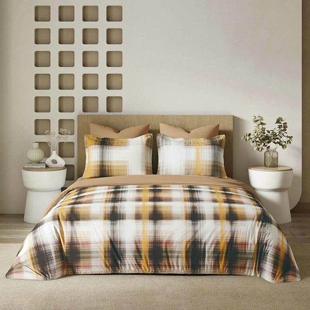 Спално бельо с ластик от премиум ранфорс памук - бежово и кафяво с линии - CV-05