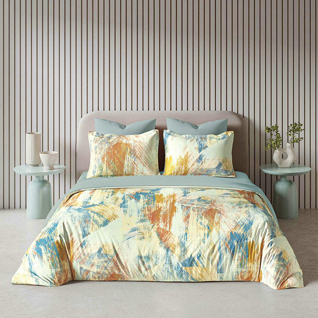 Спално бельо с ластик от премиум ранфорс памук - светлосиньо с абстрактни багри