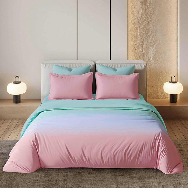 Спално бельо с ластик от премиум ранфорс памук - розово и синьо с омбре ефект