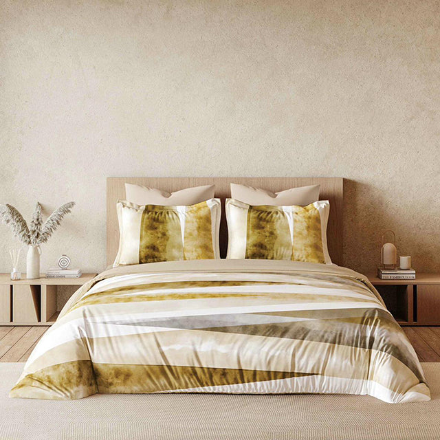 Спално бельо с ластик от премиум ранфорс памук - бежово с интересен дизайн