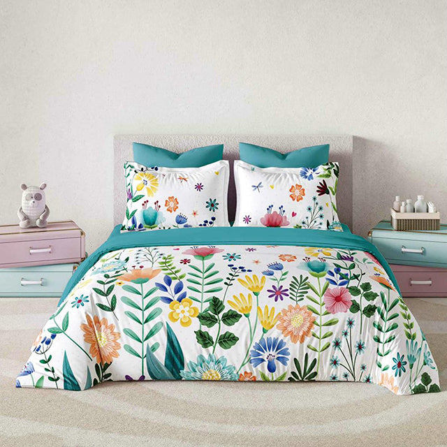 Спално бельо с ластик от премиум ранфорс памук - бяло и синьо с цветя и листа