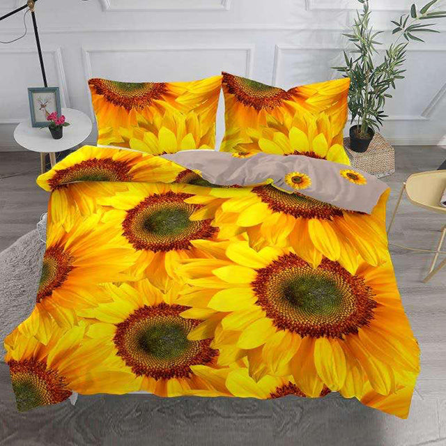 3D Спално бельо от 100% памук - жълто със слънчогледи