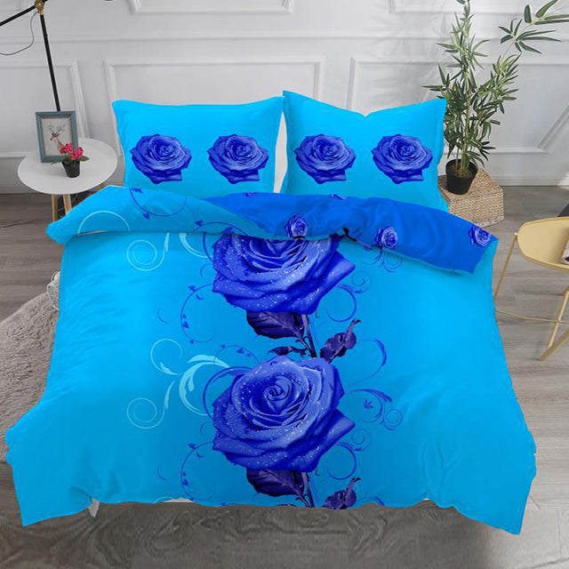 3D Спално бельо от 100% памук - тъмносиньо с рози