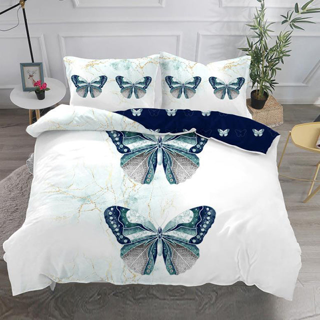 3D Спално бельо от 100% памук - бял мраморен фон със сини пеперуди