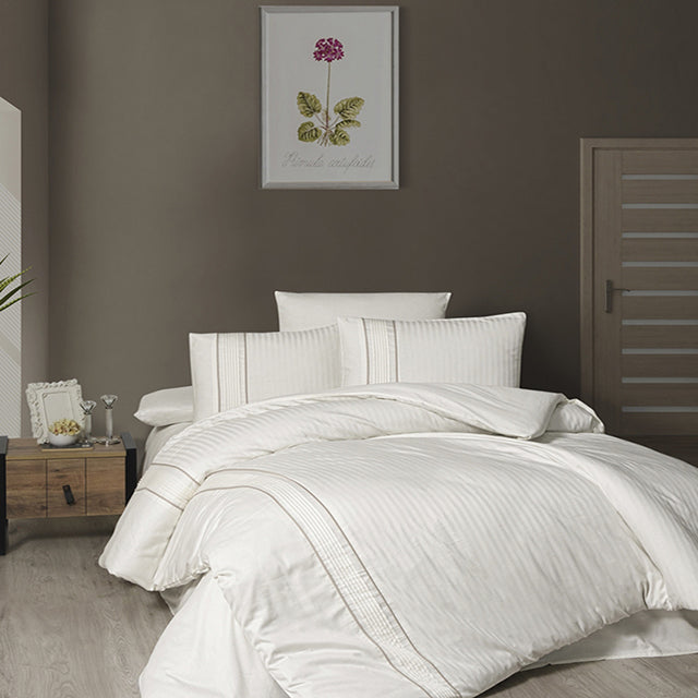 Спално бельо от VIP памучен сатен - слонова кост със сиви кантове