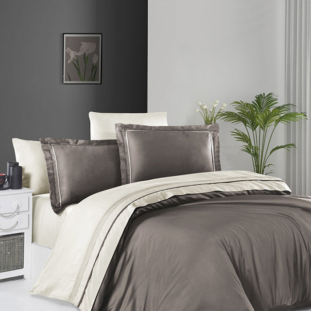 Спално бельо от VIP памучен сатен - кафяво и екрю