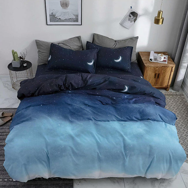 Спално бельо с ластик от 100% памук – синьо с космос и луни