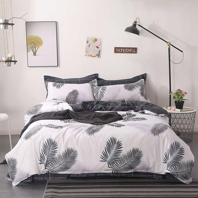 Спално бельо с ластик от 100% памук – бяло и сиво с пера