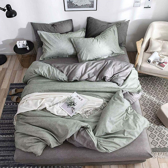 Спално бельо с ластик от 100% памук – зелено и сиво