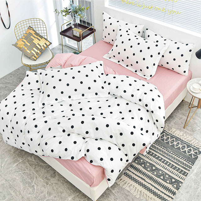 Спално бельо с ластик от 100% памук – бяло и розово с черни точки