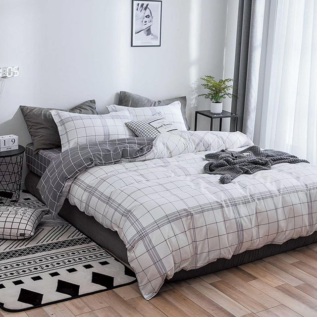 Спално бельо с ластик от 100% памук – бяло и сиво на райета