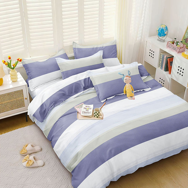 Спално бельо с ластик от 100% памук – бяло, синьо и сиво