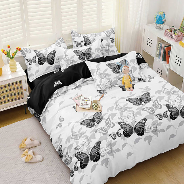 Спално бельо с ластик от 100% памук – бяло и черно с пеперуди