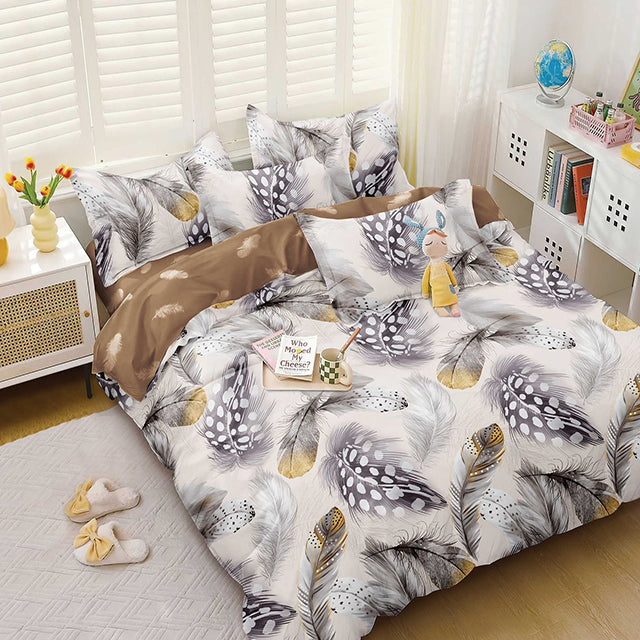 Спално бельо с ластик от 100% памук – сиво и кафяво с пера