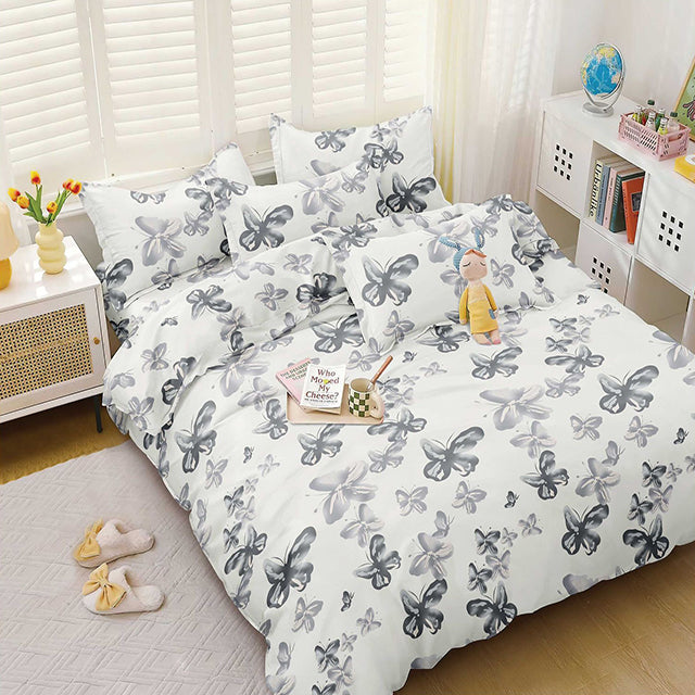 Спално бельо с ластик от 100% памук – бяло със сиви цветя