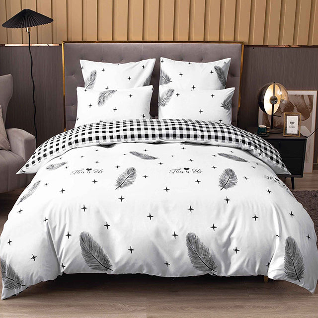 Спално бельо с ластик от 100% памук – бяло с пера и звездички