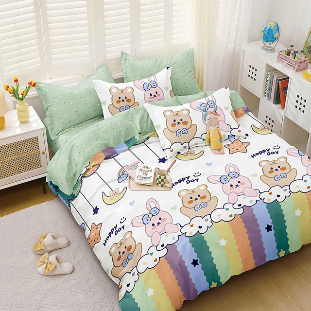 Спално бельо с ластик от 100% памук – зелено със сладки животинки и дъга