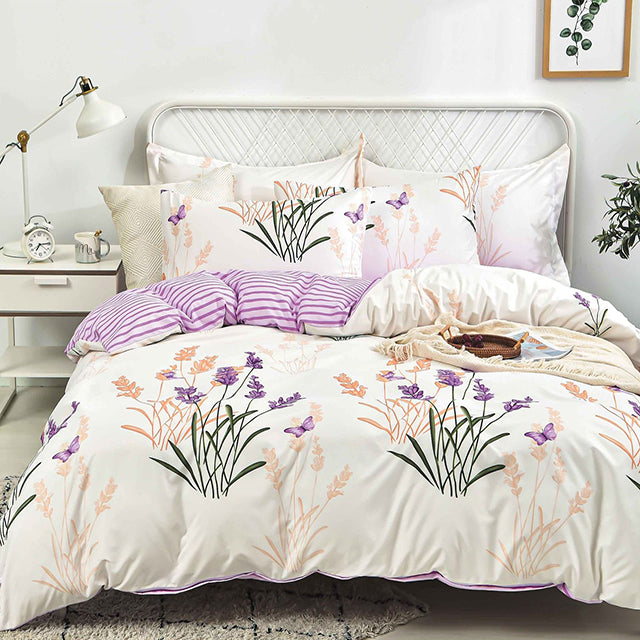 Спално бельо с ластик от 100% памук – цвят крем и лилаво с цветя