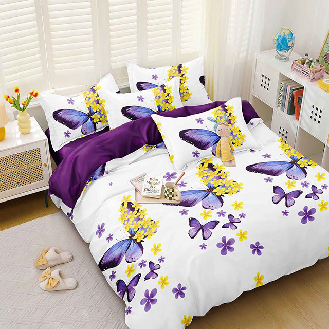 Спално бельо с ластик от 100% памук – бяло и лилаво с красиви пеперуди