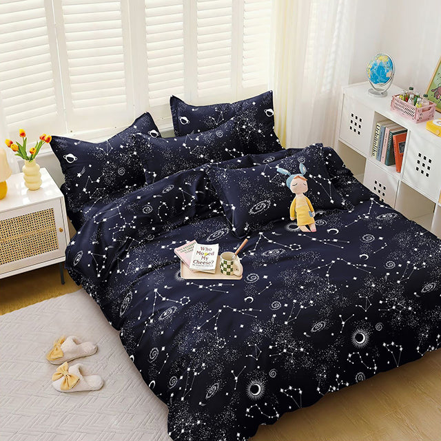 Спално бельо с ластик от 100% памук – тъмносиньо със зодиакални знаци