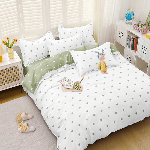 Спално бельо с ластик от 100% памук – бяло и зелено със сърчица