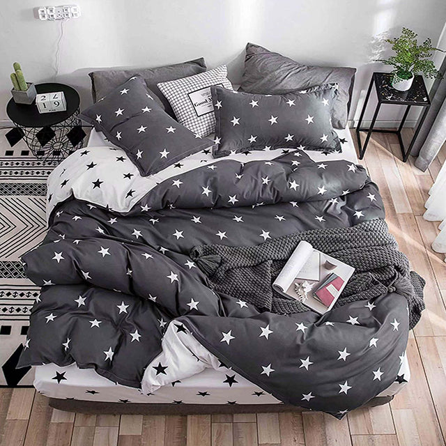 Спално бельо с ластик от 100% памук – сиво и бяло със звездички